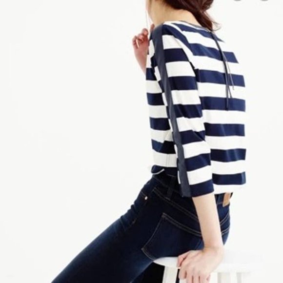 J. Crew Navy White Striped Faux Leather Detail Tee XL - Picture 1 of 1